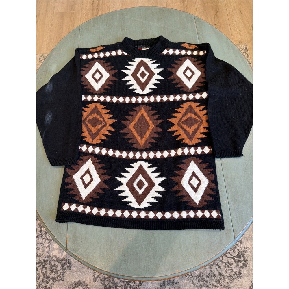 Vintage‎ 90s Headliners Geometric Aztec Knit Sweater Mens Medium Black Made USA
